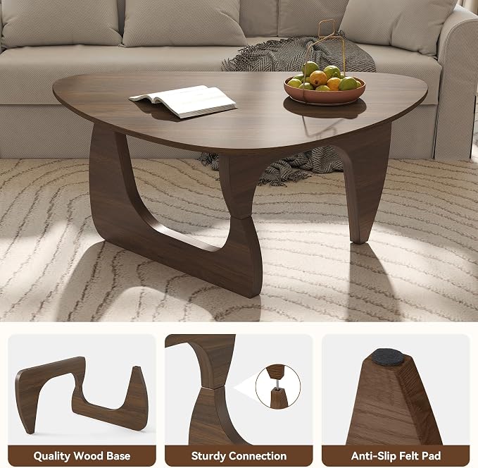 Modern Wood Coffee Table, Triangle Center Table with Premium Wooden Top& Unique Base, 35.5” Small Mid Century Tea Tables for Living Room, Apartment, Office,Walnut