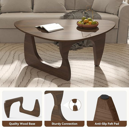 Modern Wood Coffee Table, Triangle Center Table with Premium Wooden Top& Unique Base, 35.5” Small Mid Century Tea Tables for Living Room, Apartment, Office,Walnut
