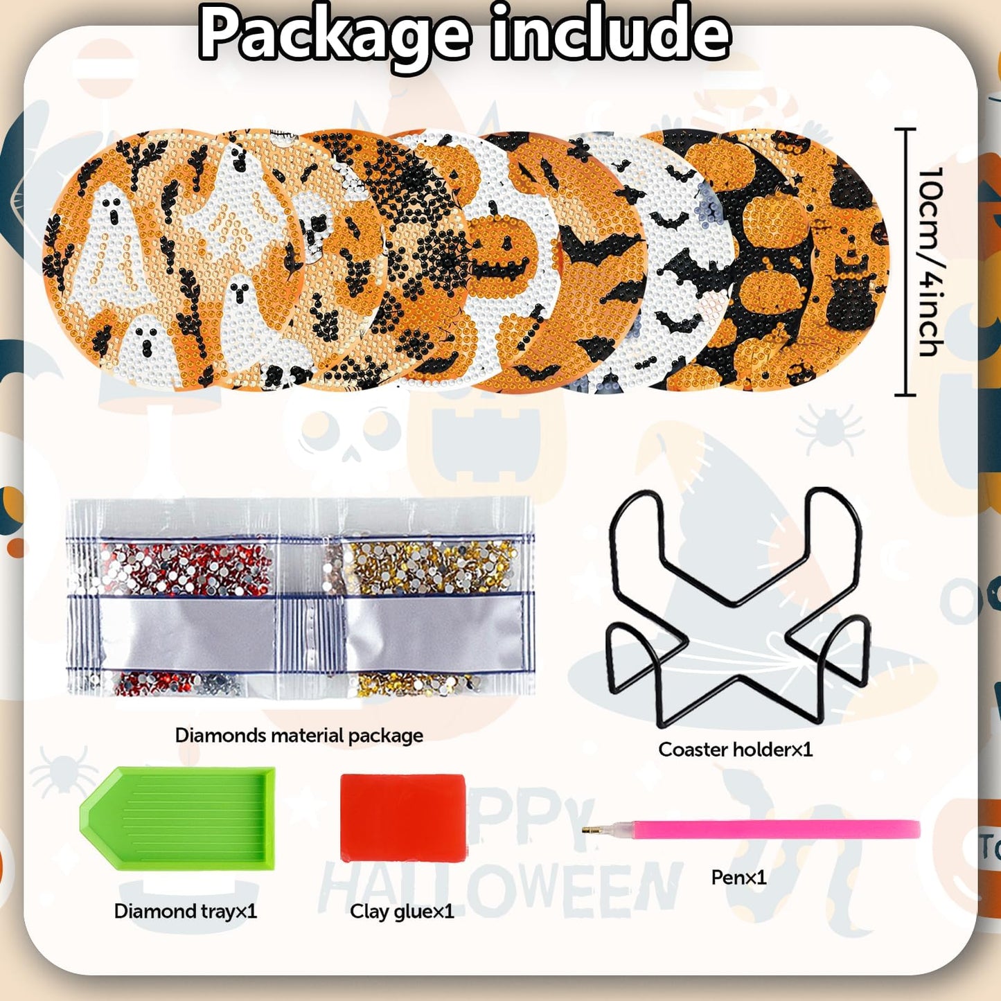 8 Pieces Halloween Diamond Art Coasters with Holder DIY Halloween Diamond Dot Coasters 5d Full Drill Diamond Coasters for Adults Halloween Diamond Painting Kits Supplies for Gift