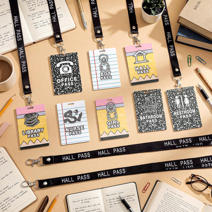 Fuyoooo 16 Set Pencil Hall Pass Lanyards Unbreakable PVC Composition Notebook Classroom Passes with Lanyards Bathroom Boy Girl Library Hall Office Nurse Pass 2.4 x 3.5
