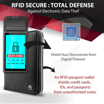 Snazzy Hawk RFID Travel Wallet Passport Holder w/Zipper - Organizer Bag for Travel Documents – Safety Essentials Cover for Men Women