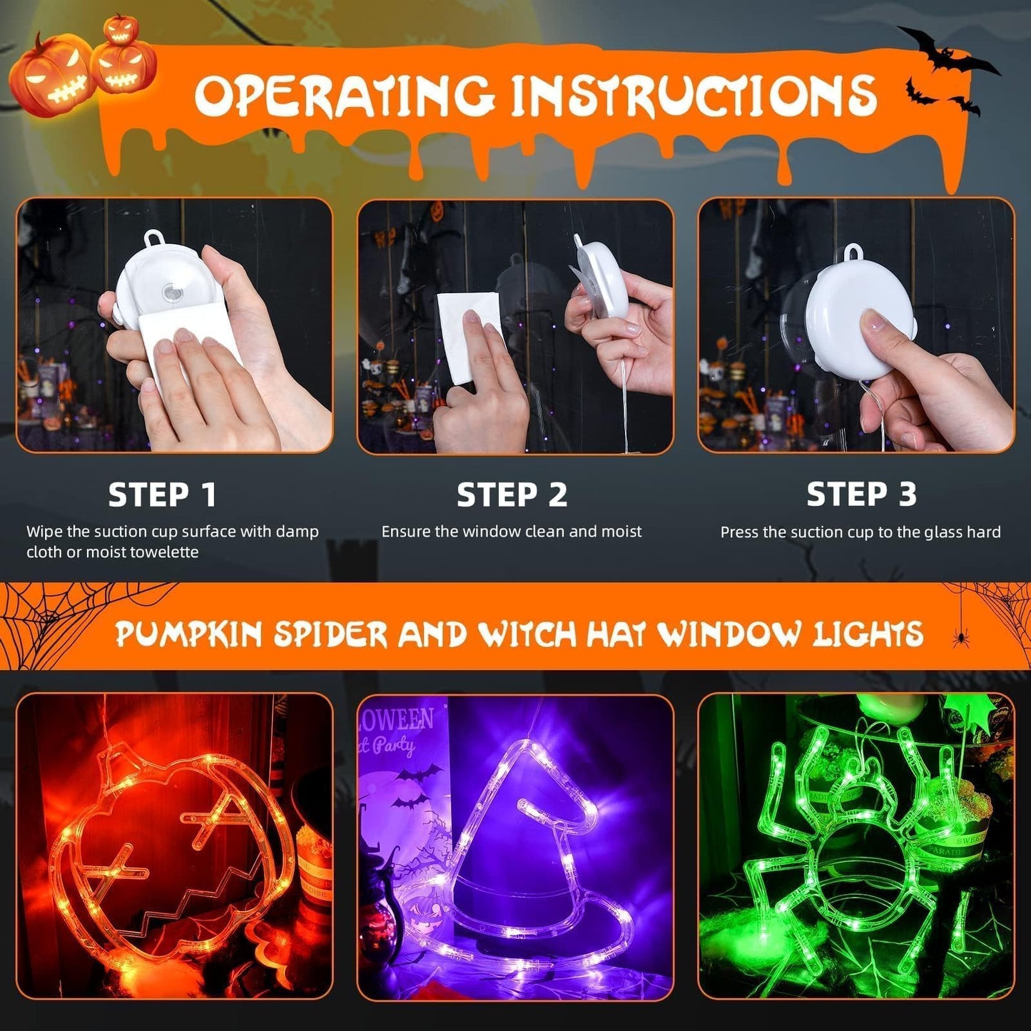 LOLStar Halloween Window Lights, 3 Pack Pumpkin, Spider, Witch Hat Lights
