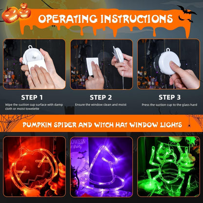 LOLStar Halloween Window Lights, 3 Pack Pumpkin, Spider, Witch Hat Lights