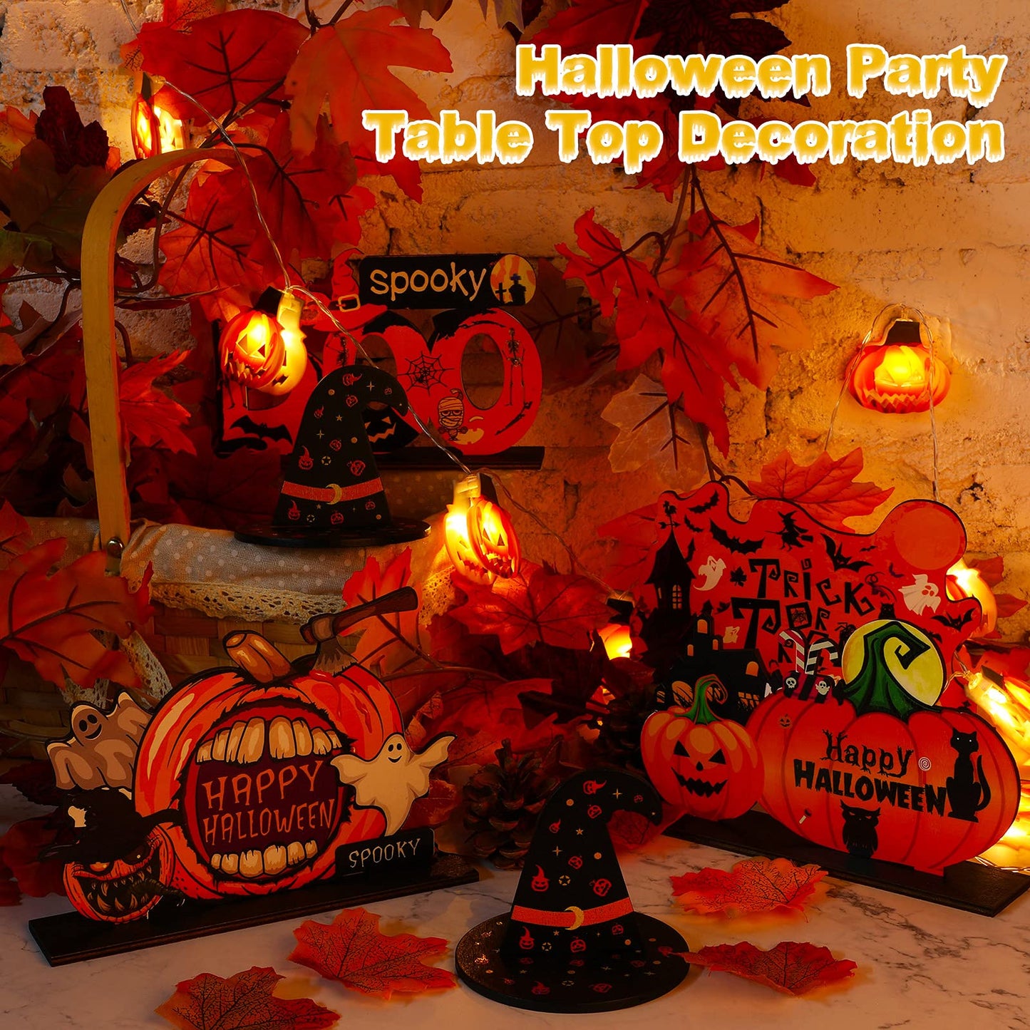 Jetec 6 Pcs Halloween Office Decorations Table Centerpiece with 5 ft Pumpkin String Light, Boo Spooky Trick or Treat Pumpkin Witch Hat Wood Table Signs for Happy Halloween Tier Tray Home Decoration