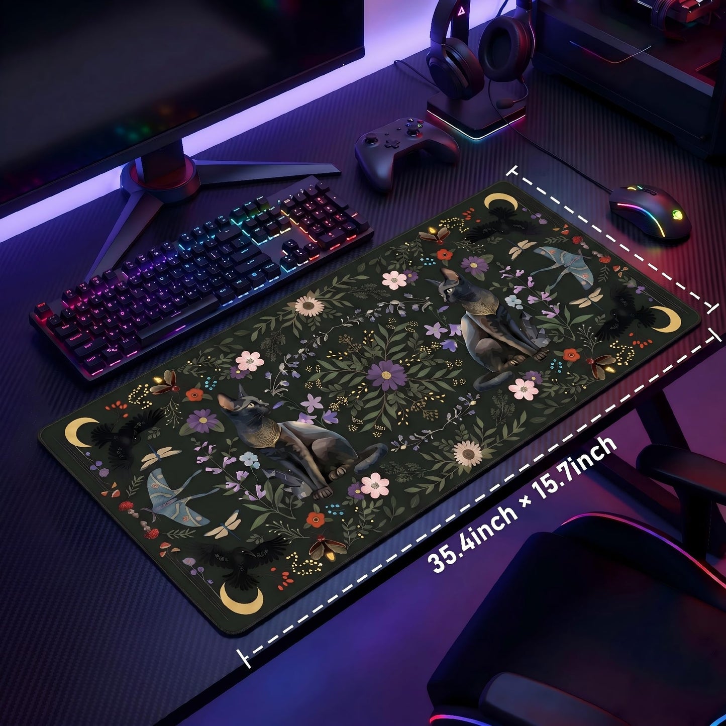 Gothrind Large Gaming Mouse Pad, Gothic Cat Desk Mat, 35.4" x 15.7"