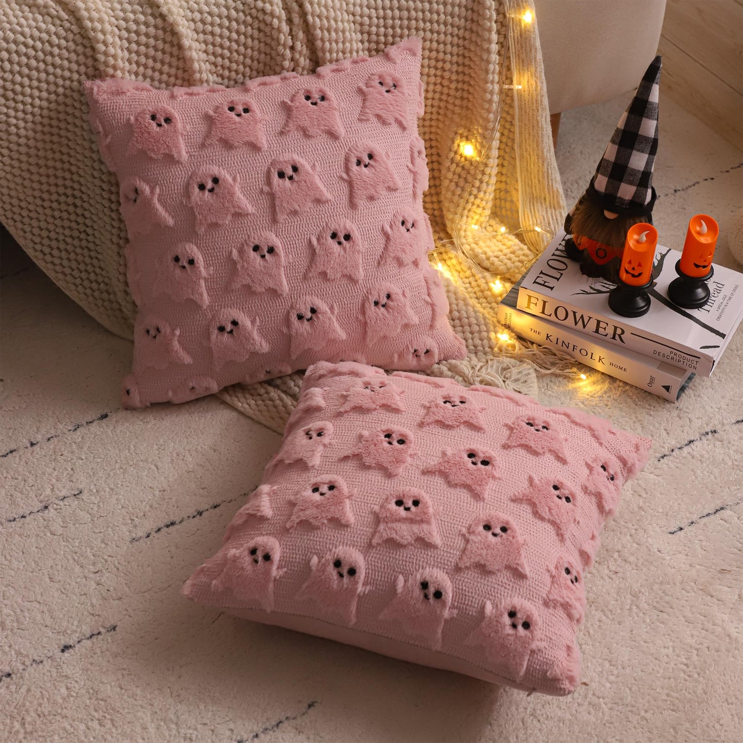 LUOYEHK Halloween Pillow Covers 18x18 Inch Set of 2 Pink Ghost Decorative Pillow Cases Holiday Soft Plush Faux Fur Cushion Covers for Couch Sofa Bed