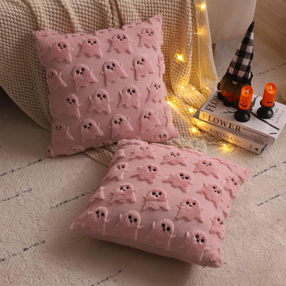 LUOYEHK Halloween Pillow Covers 18x18 Inch Set of 2 Pink Ghost Decorative Pillow Cases Holiday Soft Plush Faux Fur Cushion Covers for Couch Sofa Bed