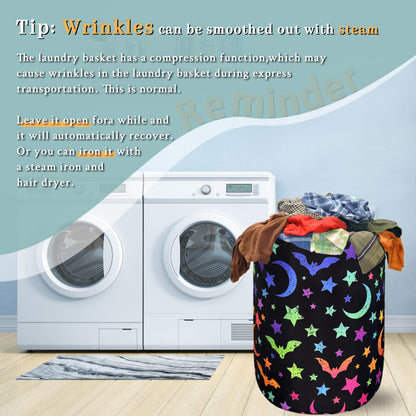Colorful Bats Laundry Hamper Moon Stars Laundry Basket With Handles Foldable Oxford Cloth Goth Style Funny Tote Bag Clothes Toy Storage Bucket 18.9" x 16.5" For Bathroom/Laundry/Bedroom