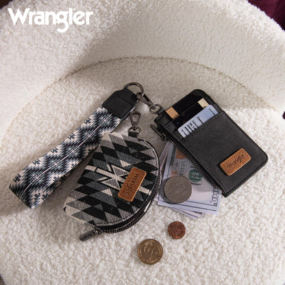 Wrangler Western Aztec Keychain Wristlet Wallets for Women Dual Pouch Wristlet Portable Credit Card Holder Wallet with Zipper Pocket WG2213-W0051BK