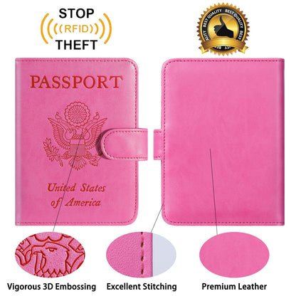 Passport Holder With Luggage Tag Cover Wallet RFID Blocking Leather Case Travel Essentials Accessories Travel Must Have(114#Pink)