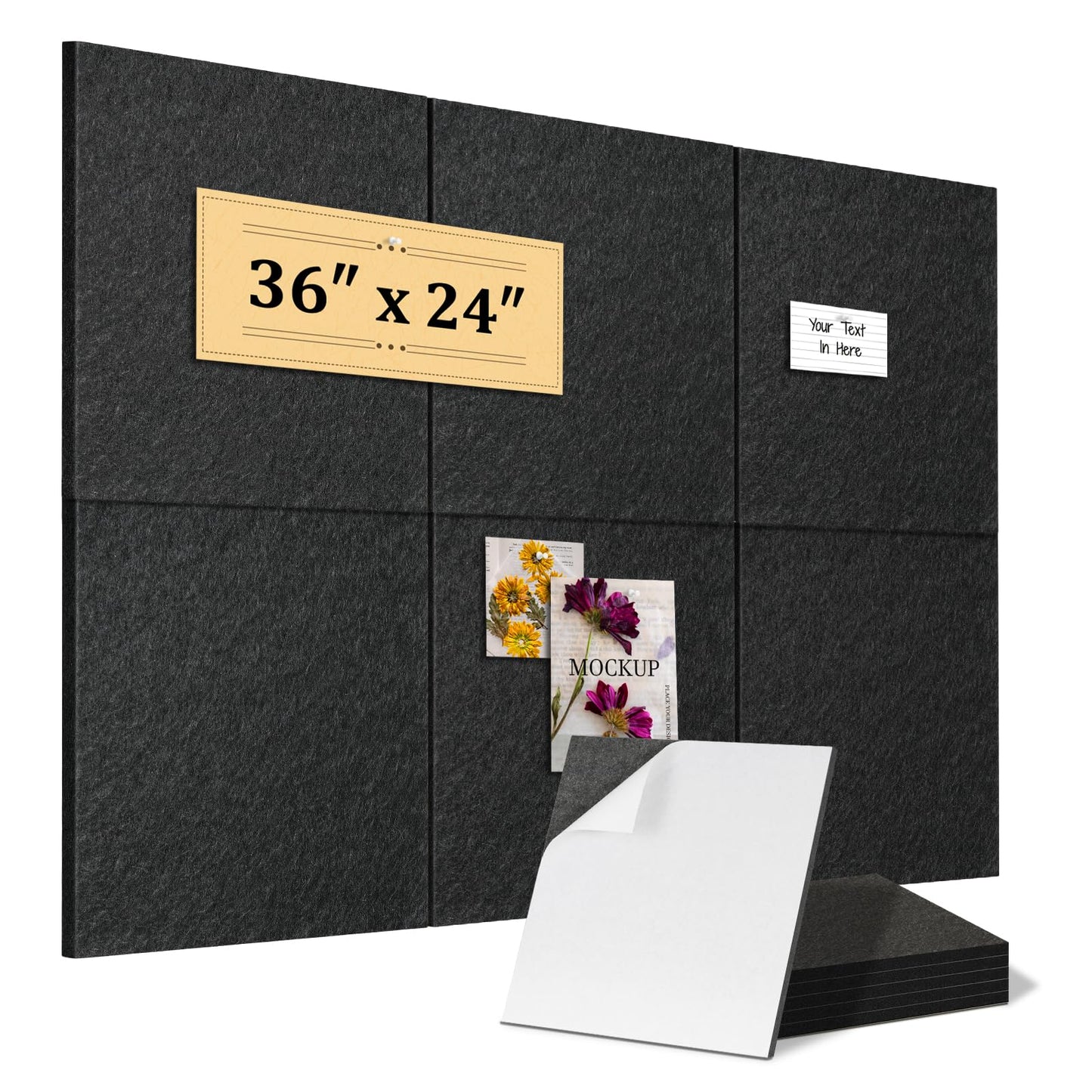 QUEENLINK 6-Pack Felt Bulletin Board Tiles 12"x12", Self-Adhesive Pin Board Wall Panels with 60 Push Pins, Modular Vision Board & Wall Organizer for Home Office Classroom, Black