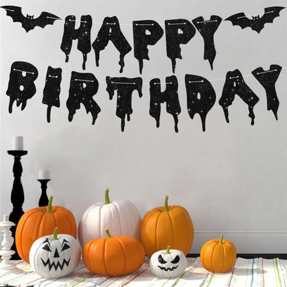 RICHHHA Glitter Black Glitter Happy Birthday Halloween Banner- NO DIY - Halloween Hanging Paper Garland Bunting Banner Decorations, Party Supplies for Kids Boy Girl Birthday