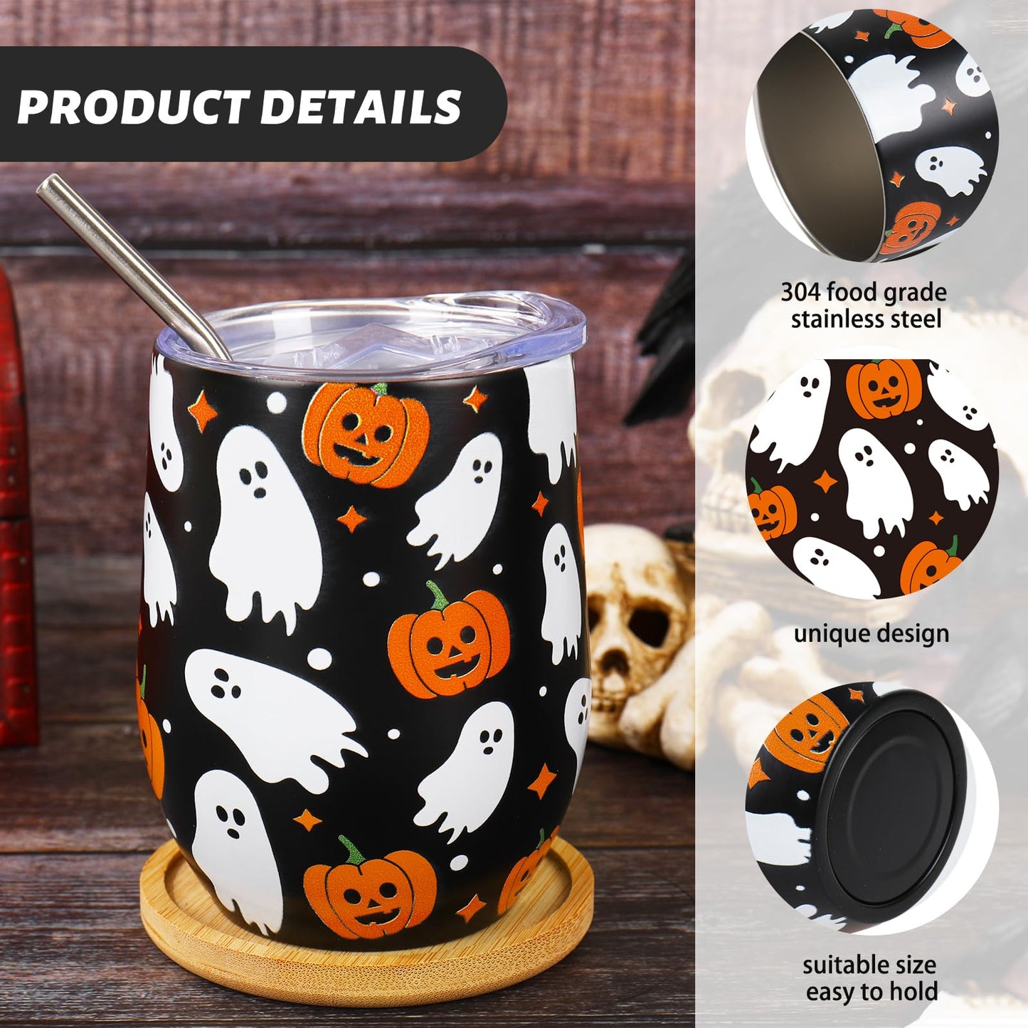 Whaline Halloween Stainless Steel Wine Tumbler with Straw and Lid Ghost Pumpkin Coffee Mug Black White Orange Insulated Tumbler for Hot and Cold Drinks