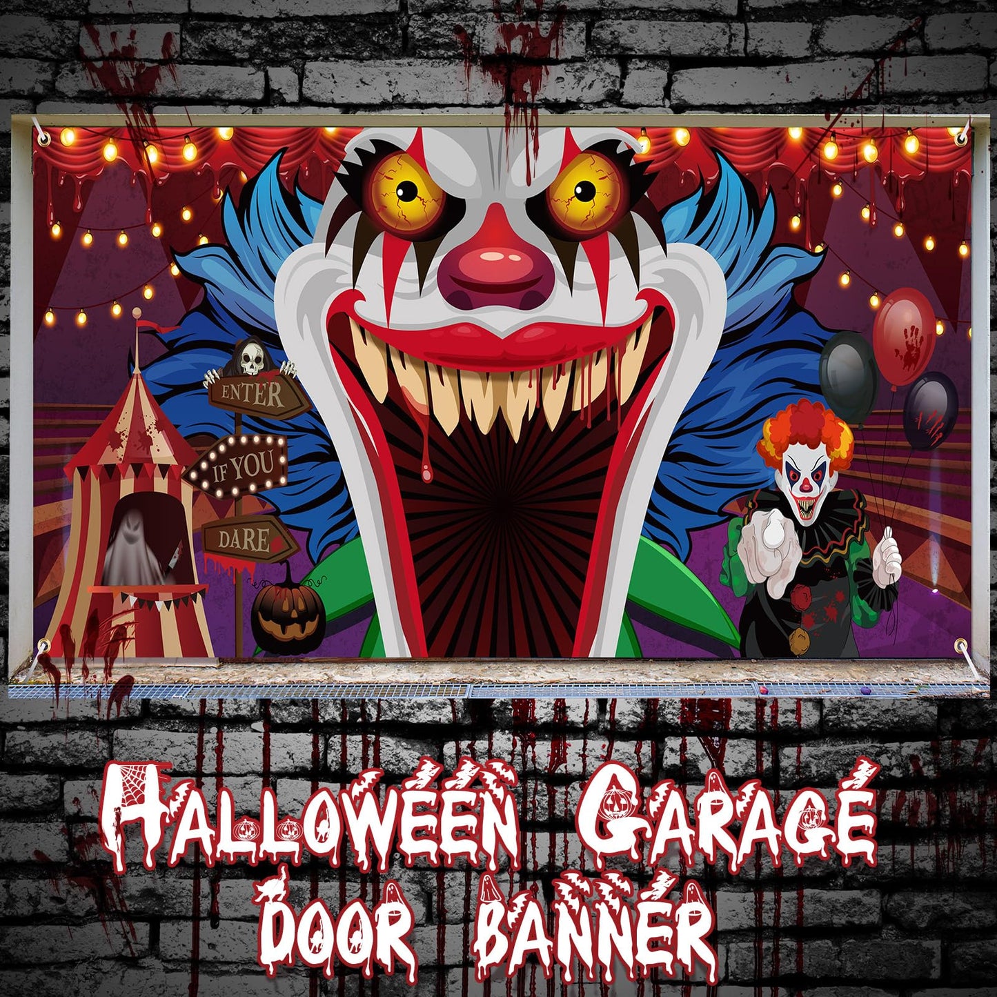 Ganeen Halloween Garage Door Cover 7 x 16 ft Clown Halloween Party Decorations Horror Garage Door Banner Scary Holiday Backdrop, Assembly Needed