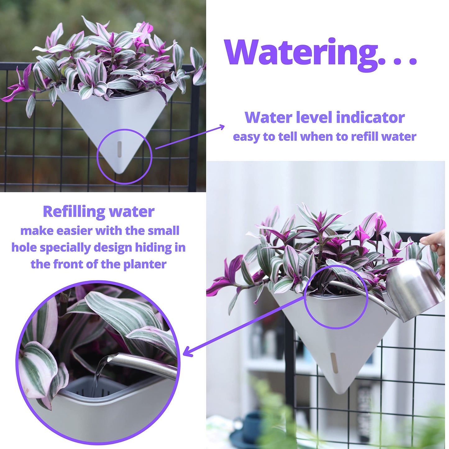 LaLaGreen Bundle- 2 Pack, 15 Inch White Metal Pot + 4 Pack, 12 Inch Geometric Self Watering Pot Modern Flower Vase Vessel Home Vertical Wall Mount Garden Window Rail Box Herb Plant Bucket Garden Decor