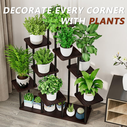 AZERPIAN Plant Stand 9 Tier Indoor Metal Flower Shelf for Multiple Plants Corner Tall Flower Holders for Patio Garden Living Room Balcony Bedroom, Black Oak