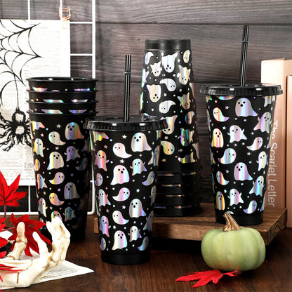 Whaline 12Pcs Halloween Ghost Plastic Cups Holographic Black Iridescent Boo Plastic Tumbler Reusable Cold Cup with Straw and Lids for Home Office Party Supplies