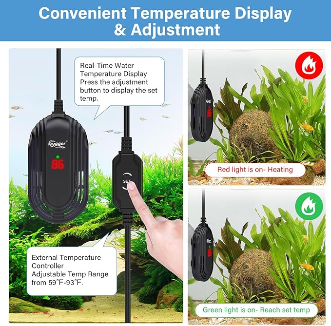hygger Small Aquarium Heater, 100W Submersible Betta Fish Tank Heater with Adjustable Temperature External Controller, Turtle Heater with LED Display for up to 20 Gallon Tanks