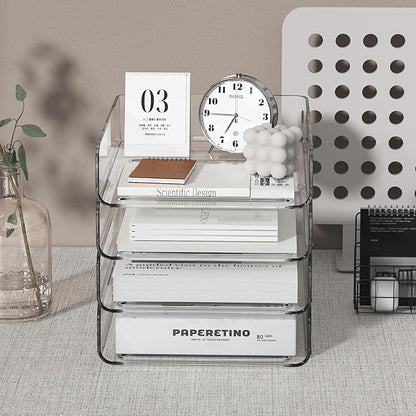 FANXIYQ 4-Tier Acrylic Paper Tray Organizer | Clear Stackable Desk Organizer for Documents, Letters, A4 Paper | Modern Office/Classroom/Home Organization