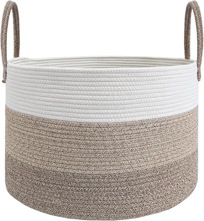 JMvicyroam 65L Extra Large Blanket Basket for Living Room - Woven Cotton Rope Laundry Hamper with Reinforced Handles - Storage Bin for Pillows, Comforters & Toys - Machine Washable,White&Brown Mix