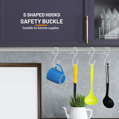 iCafePub 24 PCS S Hooks for Hanging with Safety Buckle, 3.5 inch Heavy Duty Metal S Shaped Hooks Stainless Steel for Hanging Kitchen Utensil, Cups, Pots, Plants, Bags, Hats (White)