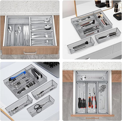 Neudeco Drawer Organizer Set, Silver, 5 Pack | 4-Compartment Silverware Tray, 4 Utensil Trays, Silver Mesh, Non-Slip, For Flatware, Cutlery, Office Supplies