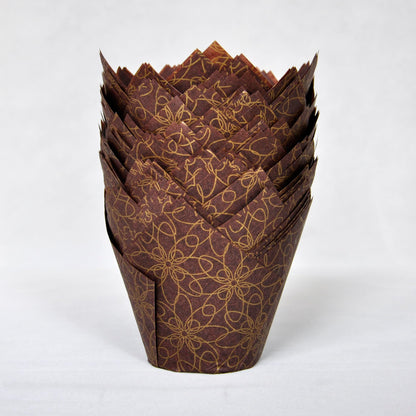 MyBakning (JUMBO Large size) Brown Golden pattern Tulip Baking Cups 2-1/4"(Base diameter) x 3-3/4"(Wall height) Greaseproof paper Muffin liners, Case of 130 pcs