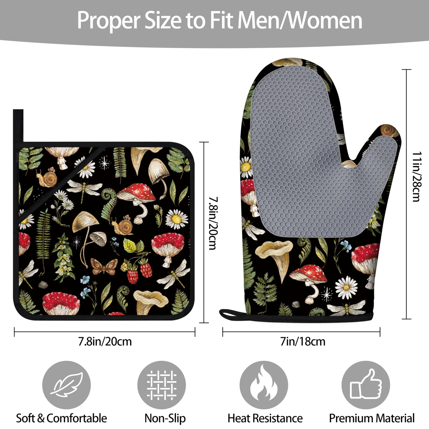 Mushroom Oven Mitts and Pot Holders Sets of 4 Heat Resistant Silicone Oven Mitts Gloves Non-Slip Kitchen Mittens Potholders for Cooking Baking Grilling BBQ