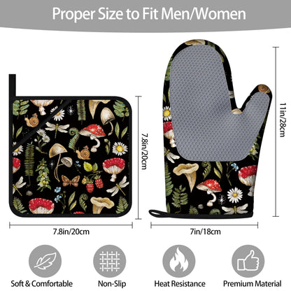 Mushroom Oven Mitts and Pot Holders Sets of 4 Heat Resistant Silicone Oven Mitts Gloves Non-Slip Kitchen Mittens Potholders for Cooking Baking Grilling BBQ