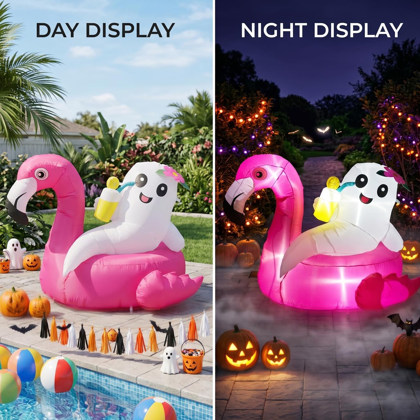 4FT Summerween Decorations Inflatable Ghost on Flamingo Float, Halloween Outdoor Inflatable Decor with Tropical Drink and LED Lights for Yard Lawn Garden Home, Summerween Party Decorations