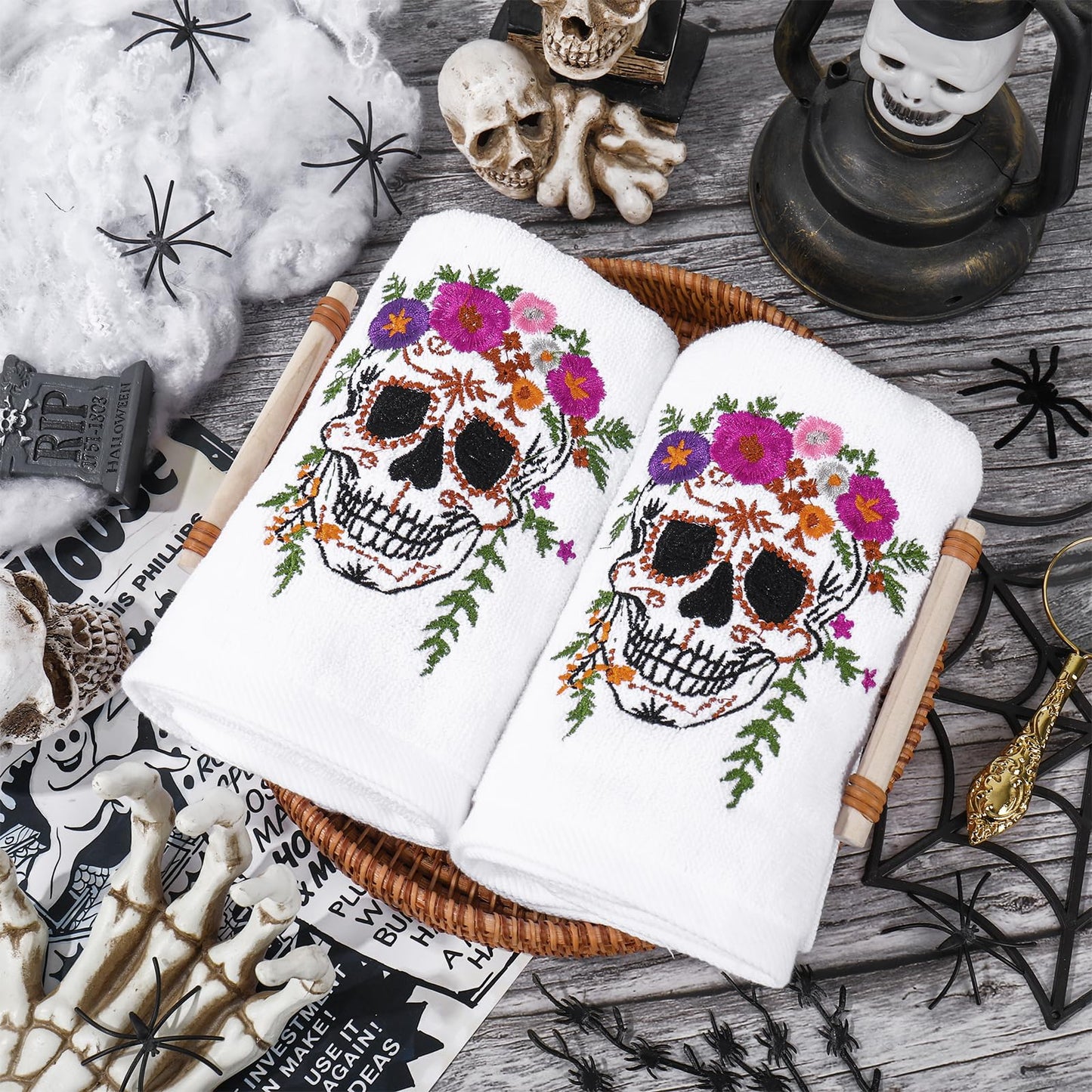 JarThenaAMCS 2 Pcs Halloween Skull Hand Towels Flower Skull Embroidered Cotton Towel Dish Towel with Ribbon for Kitchen Bathroom Drying Cleaning, 29.5 x 13.7 Inch