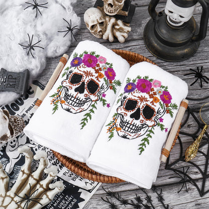 JarThenaAMCS 2 Pcs Halloween Skull Hand Towels Flower Skull Embroidered Cotton Towel Dish Towel with Ribbon for Kitchen Bathroom Drying Cleaning, 29.5 x 13.7 Inch