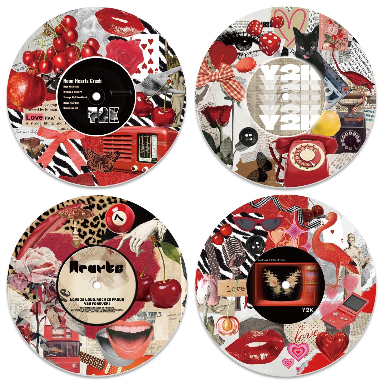 DOODLREAM 4PCS Y2K Aesthetic Vinyl Record Wall Decor 12" Hippy Red Retro Wall Art Posters for Room Aesthetic, Collage Art Retro Record Decor for Music Party Studio Living Room DIY Craft Project