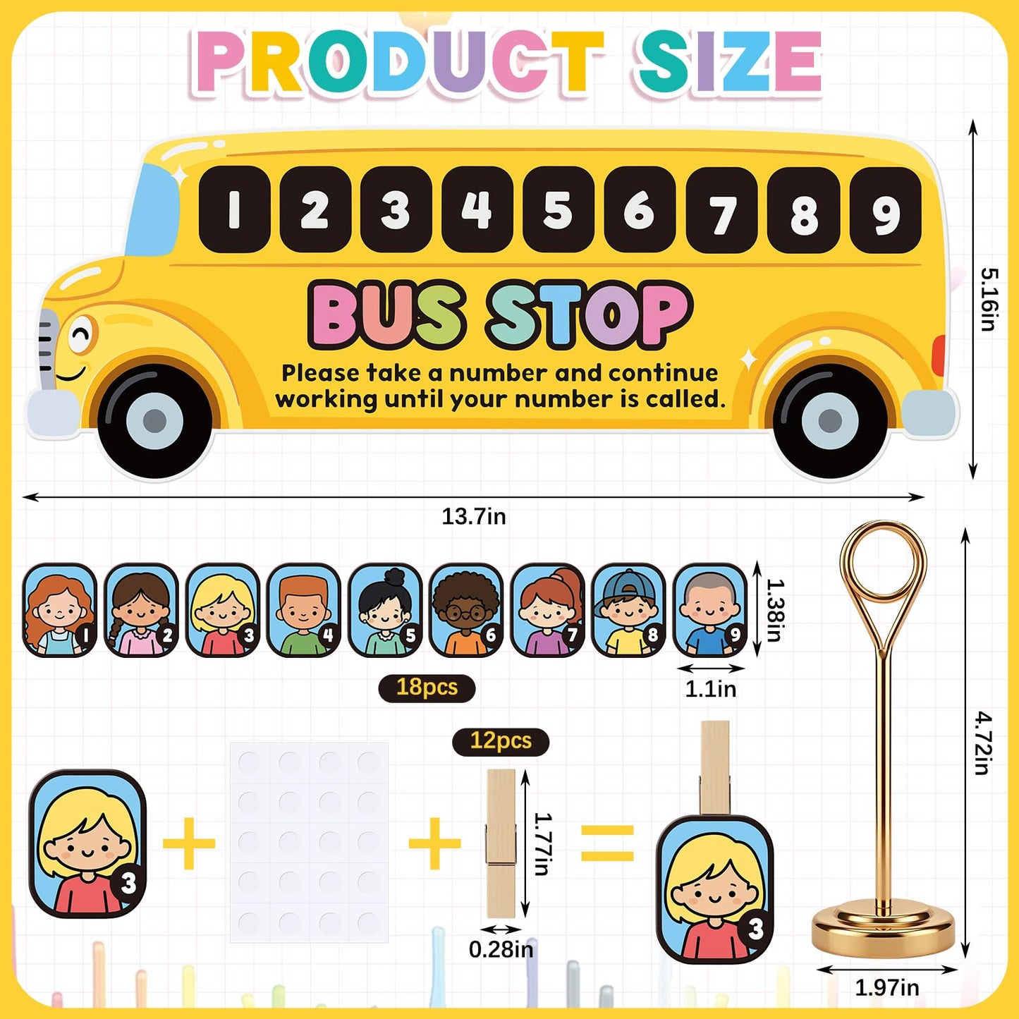 Tinlade School Bus Classroom Management Tools Teacher Waiting Room Sign Girl Style Waiting Room Numbers Classroom Set with Wooden Clips for Back to School Elementary Teacher Supplies