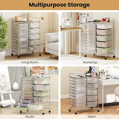 Giantex 15 Drawer Rolling Cart with Drawers, Storage Organizer Cart for Classroom Office School Teacher, Mobile Drawer Cart for Tools, Crafts, Small Printer, Clear