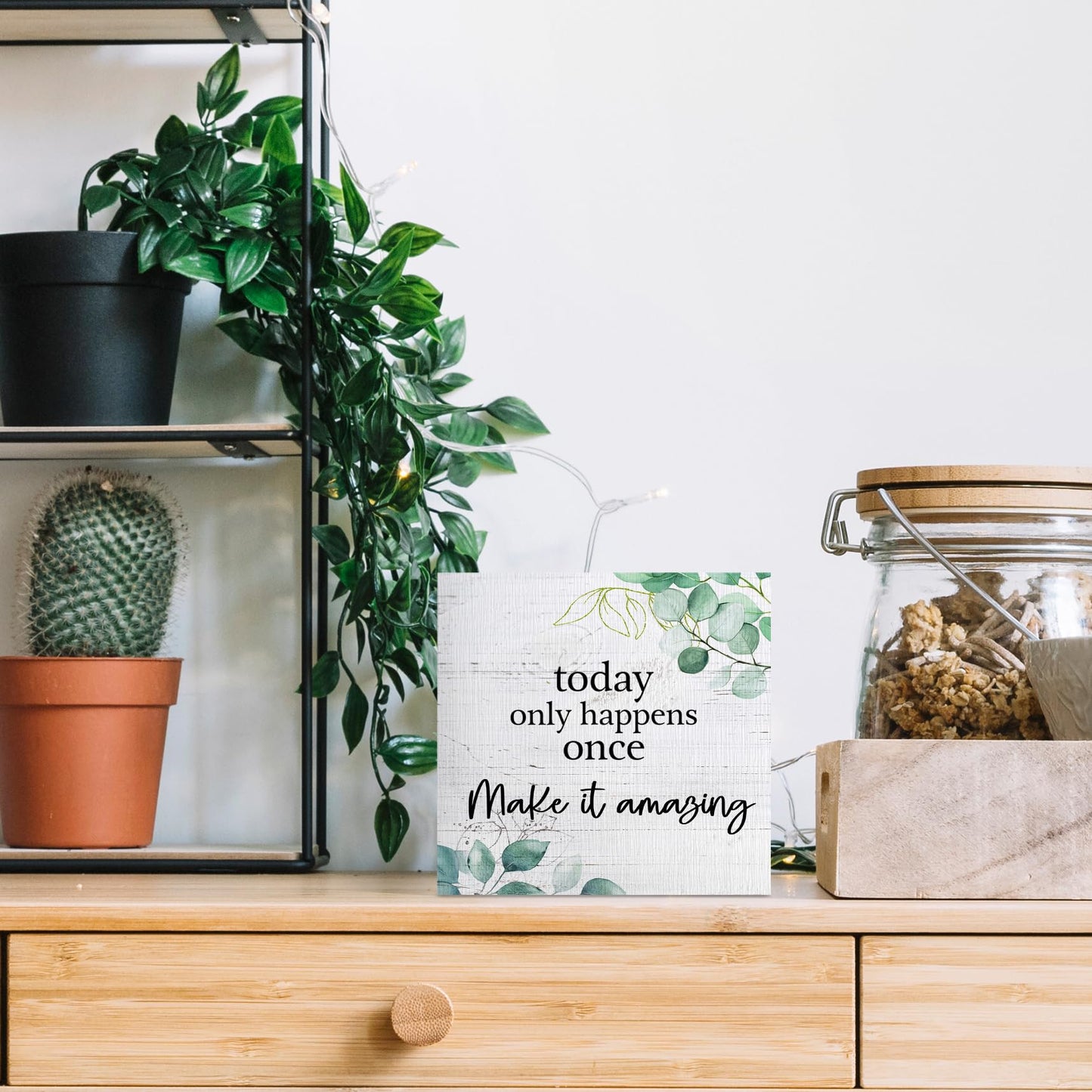 ANIANG Inspirational Wooden Box Sign, Motivational Desk Decor, Rustic Modern Farmhouse Decor, Today Only Happens Once Make It Amazing Wood Block Box Sign Plaque for Office Home Shelf