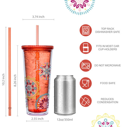 bzyoo SIP 24oz (710ml) Double Wall Plastic Tumbler with Lid and Straw Cold Drink Travel Mug Reusable Party Cup Perfect for Ice Coffee, Tea Office Poolside Parties Gifts Color: Medallion Orange