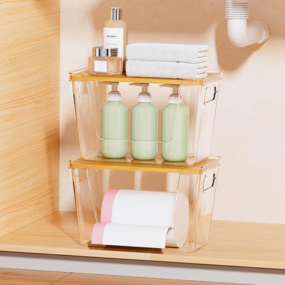 Delamu Acrylic Trash Bag Holder, 3 Pack Stackable Garbage Holder for 4-33 Gallon Bags, Clear Organizer Bins for Under Sink Organization, Pantry Storage, Cabinet, Kitchen, Laundry, Bathroom