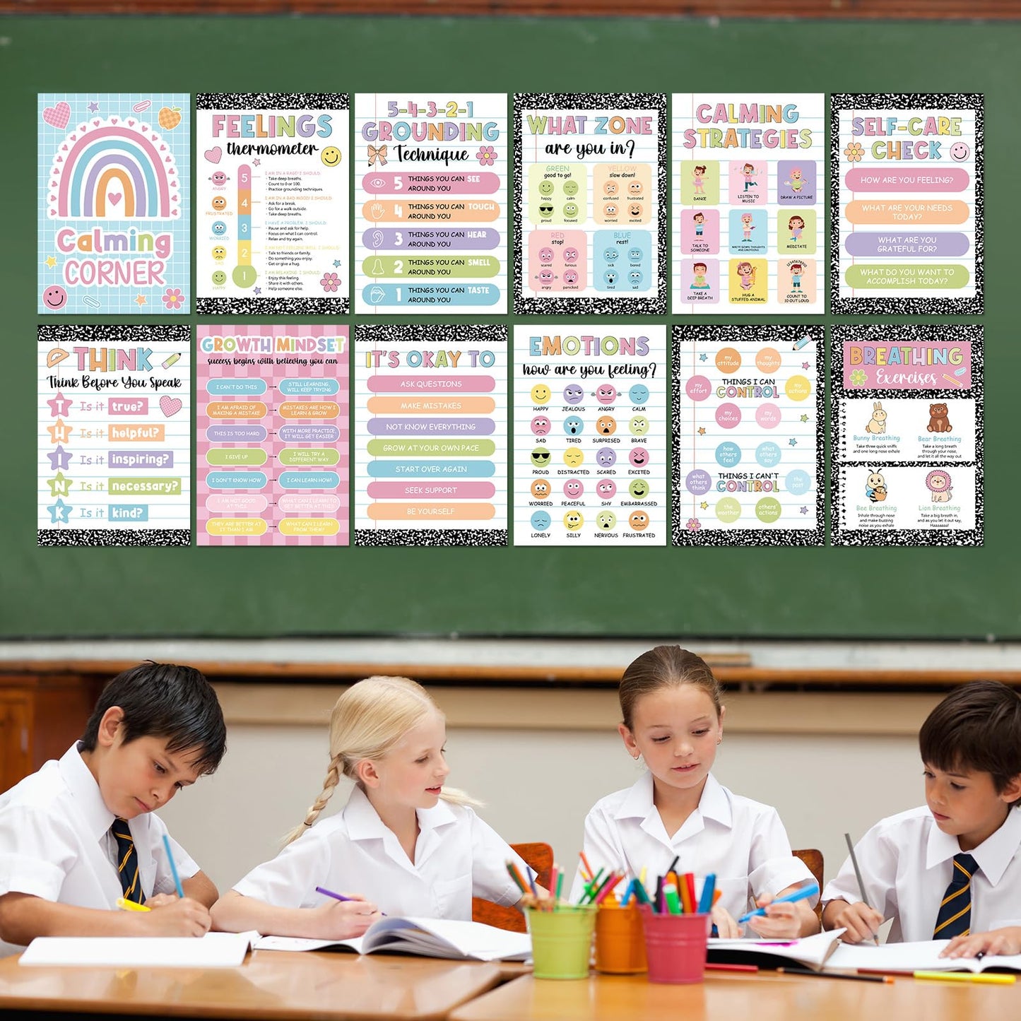 12Pcs Calming Corner Posters for Classroom Inspirational Emotions Feeling Poster for Kids Back to School Wall Decor Composition Notebook Mental Health Posters for School Office Home Teacher Supplies
