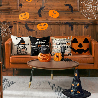 MODOVOS Halloween Pillow Covers 20x20 Set of 4 Spider Web Happy Halloween Decorations Jack-O-Lantern Pumpkin Throw Pillow Covers Witch Hat Trick or Treat Cushion Case for Sofa Couch
