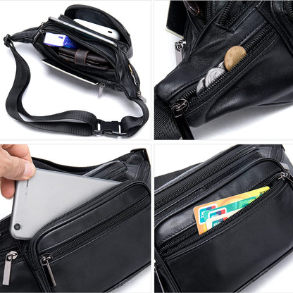 Genuine Leather Fanny Pack Men Women Multi-Pockets sling Waist Bag For Travel Sports Hiking Cycling Fishing Running Black Small