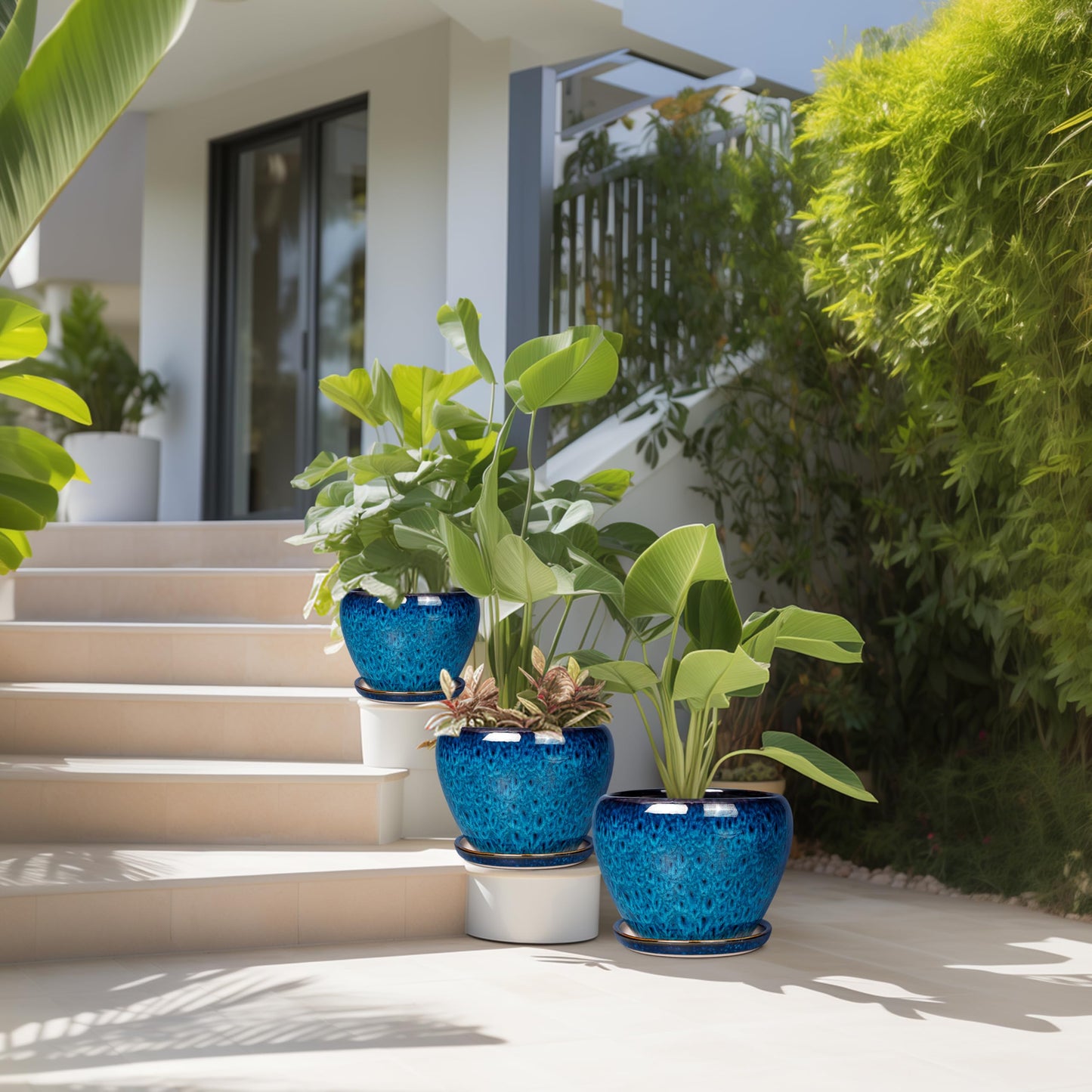 EPFamily Ceramic Plant Pots Indoor, 10 Inch 8 Inch 6 Inch Round Planters Pots for Indoor Outdoor Plants, Modern Large Flower Pots with Drainage Holes and Saucers, Set of 3, Blue