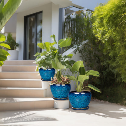 EPFamily Ceramic Plant Pots Indoor, 10 Inch 8 Inch 6 Inch Round Planters Pots for Indoor Outdoor Plants, Modern Large Flower Pots with Drainage Holes and Saucers, Set of 3, Blue