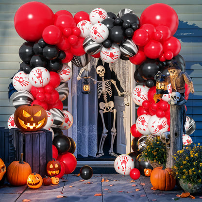 Halloween Balloons Garland Arch Kit, 125 PC Red Black Scary Balloons with Marble Bloody Hand Prints, Horror Decorations for Scream Creepy Gothic Halloween