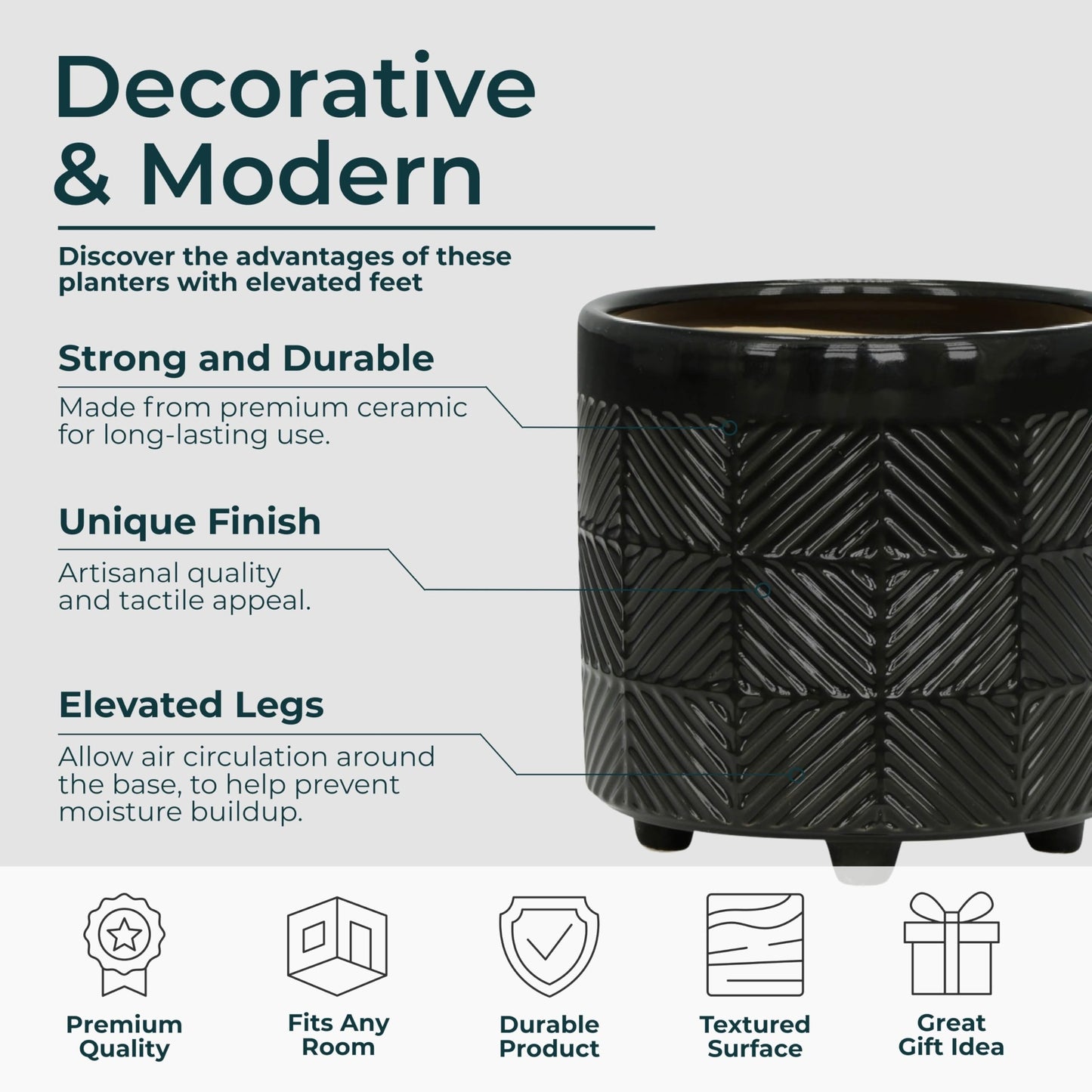 Set of 2 Ceramic Decorative Footed Planter Pot – Outdoor & Indoor Plant Pot with Embossed Textured Finish – Elegant and Modern Garden & Home Decor Ceramic Planters – 7" & 8", Black
