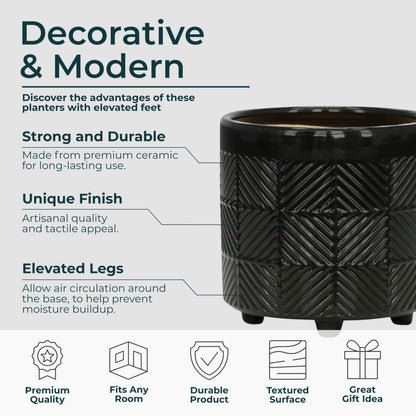 Set of 2 Ceramic Decorative Footed Planter Pot – Outdoor & Indoor Plant Pot with Embossed Textured Finish – Elegant and Modern Garden & Home Decor Ceramic Planters – 7" & 8", Black