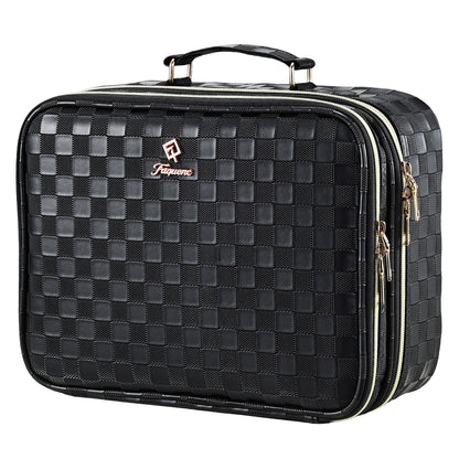 Makeup Bag with LED Lighted Mirror 12.2 IN Cosmetic Train Case Double Layer Makeup Case Adjustable Brightness in 3 Colors Cosmetic Organizer Artist Storage with Brush Holder Vanity Black Checkerboard