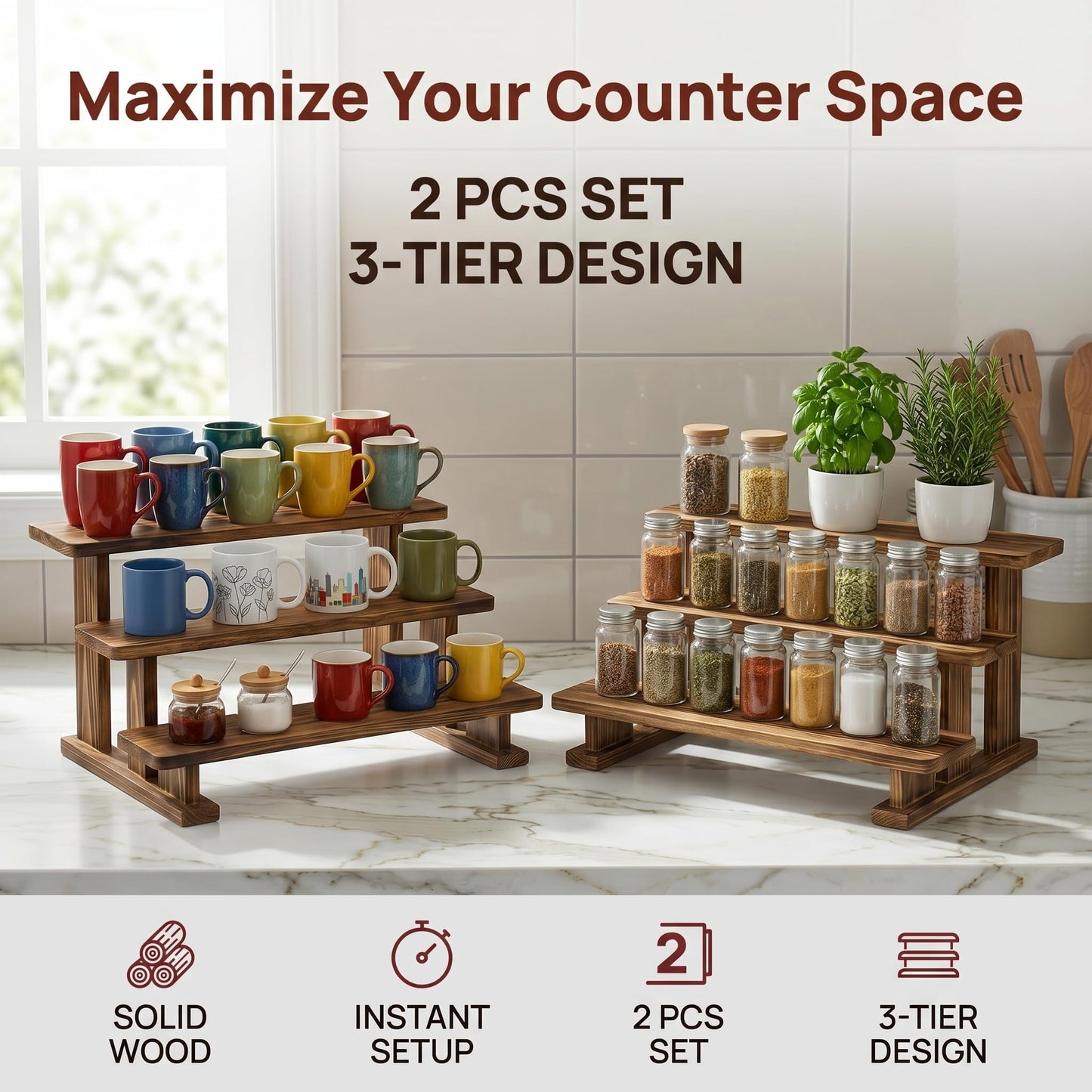 Ajerg 2 Pack 3 Tier Coffee Mug Display Shelf, Wooden Coffee Mug Holder Organizer for Countertop, Mug Storage Shelf for Coffee Station, Kitchen Cabinet, Pantry & Counter Display Rack