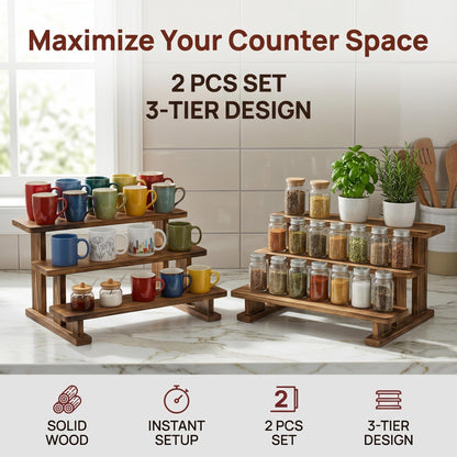 Ajerg 2 Pack 3 Tier Coffee Mug Display Shelf, Wooden Coffee Mug Holder Organizer for Countertop, Mug Storage Shelf for Coffee Station, Kitchen Cabinet, Pantry & Counter Display Rack