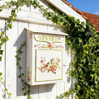 Mailbox Wall Mount Mailboxes for Outside Vintage Mail Boxes for House Outside Metal Drop Box Antique Style Nostalgic Charm Home Decorative, Flower Pattern Pink